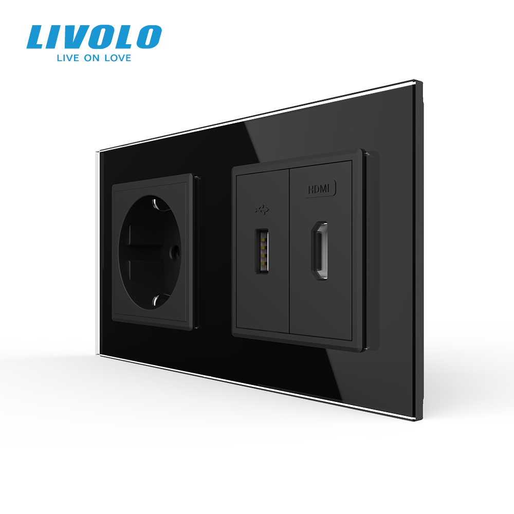 Розетка LIVOLO з USB 10Вт, інтернет портом RJ-45 і HDMI, чорна, настінна дизайнерська, скляна рамка
