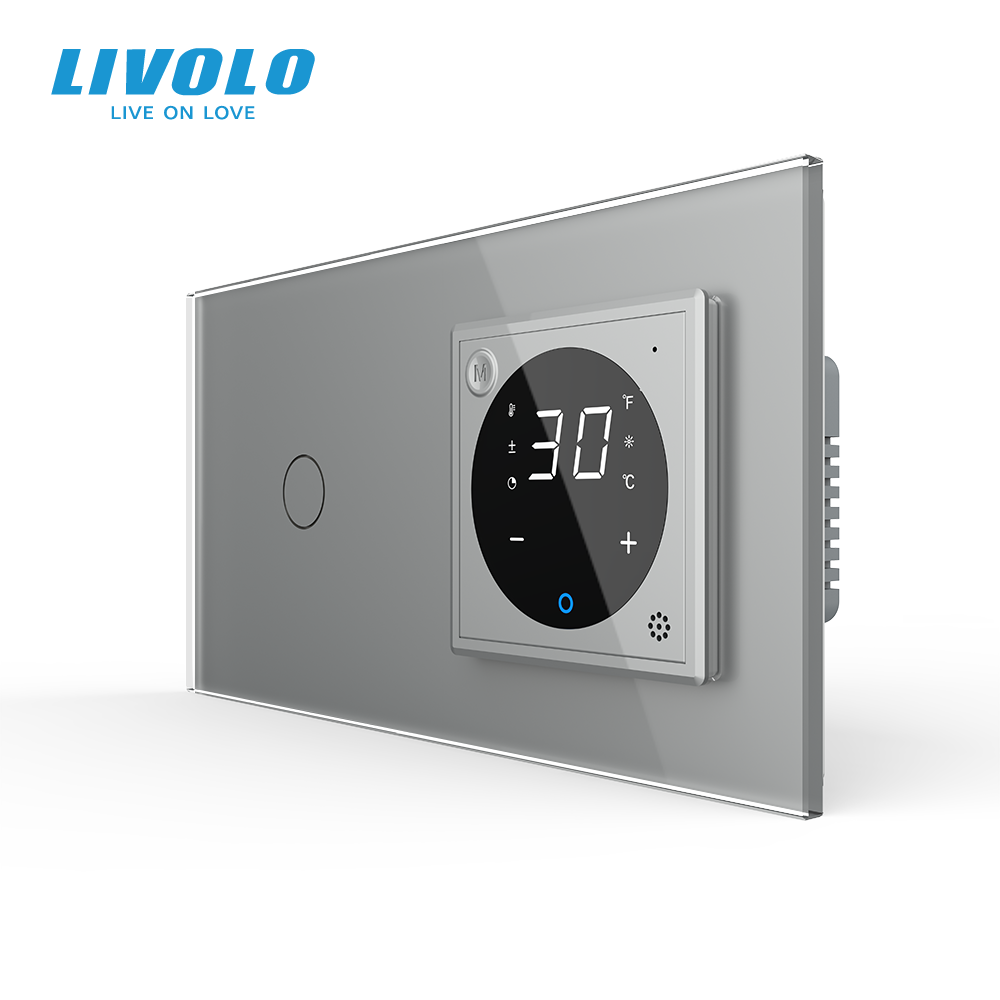 Розумний терморегулятор LIVOLO з керуваннямз телефона, прохідний вимикач, сірий, скляна рамка