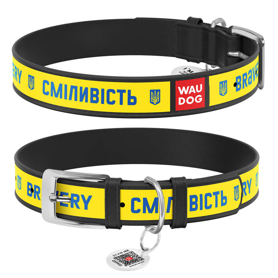Нашийник для собак шкіряний WAUDOG Design з QR паспортом, малюнок "Сміливість", XL, Ш 35 мм, Дов 46-59 см, чорний