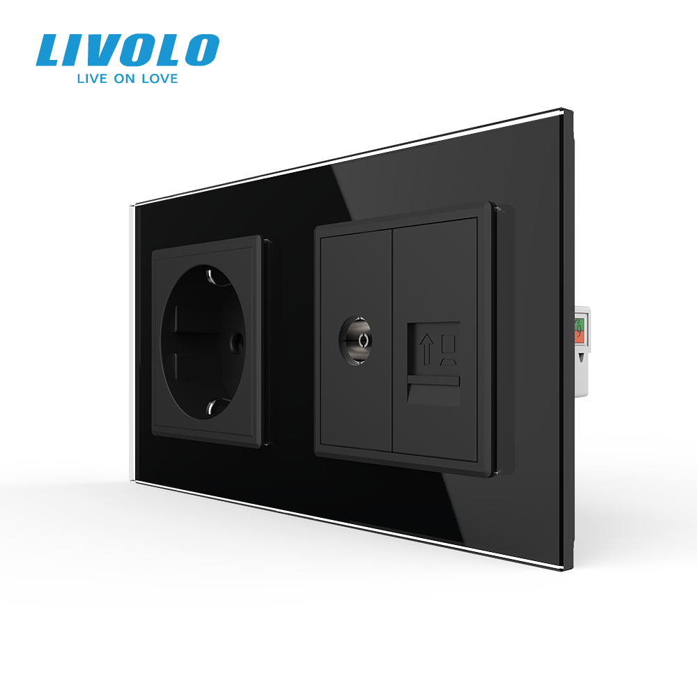 Розетка двомісна комбінована Силова Інтернет ТБ LIVOLO чорна 2.5D скло