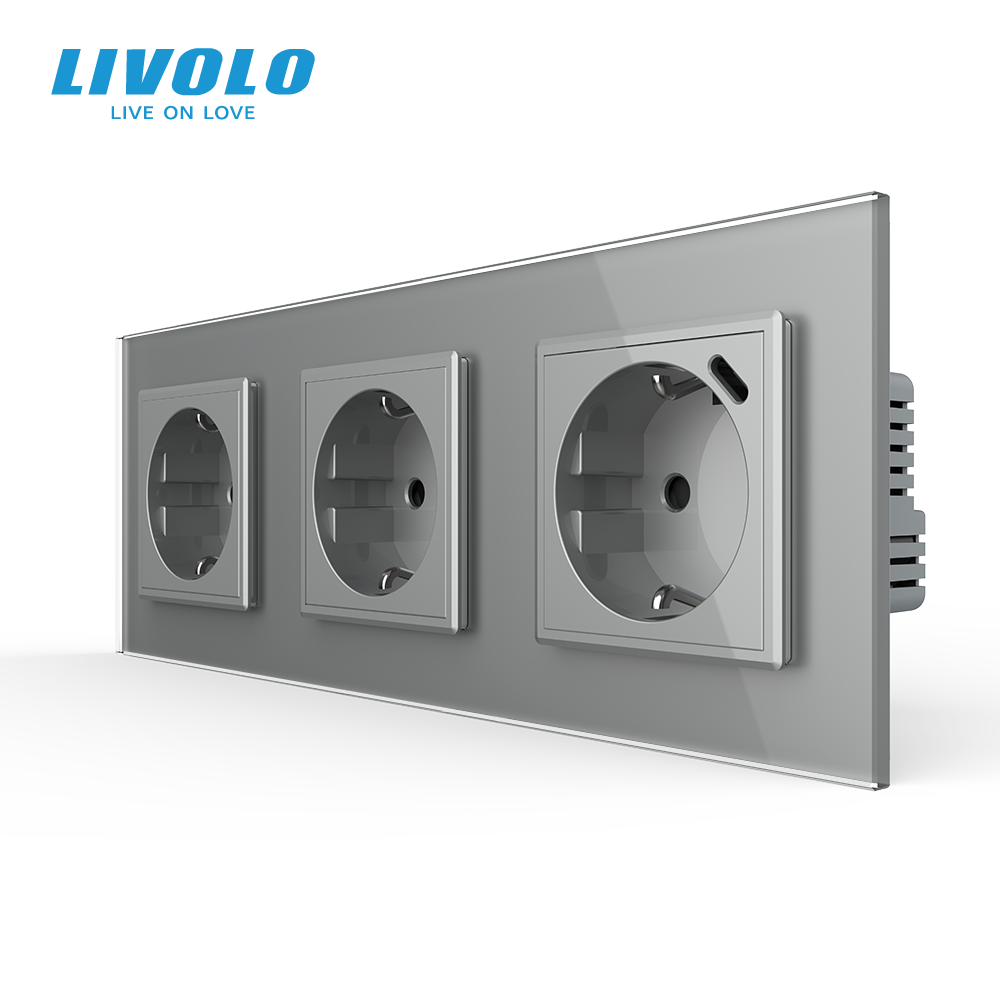 Розетка LIVOLO з USB Type-C 18Вт, із заземленням, шторки, сіра, скляна рамка, 250В 16А