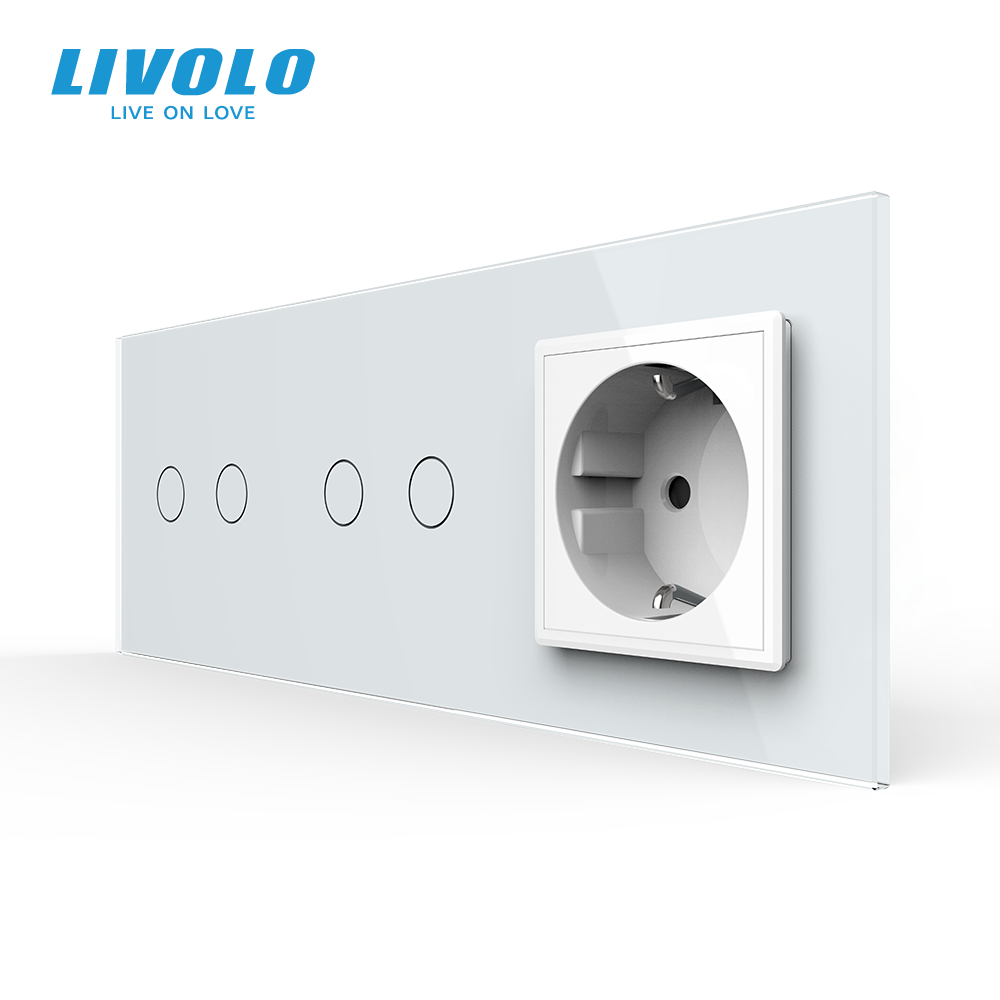 Сенсорний вимикач 4 сенсора (2-2) 1 розетка Livolo білий скло (VL-C702/C702/C7C1EU-11)