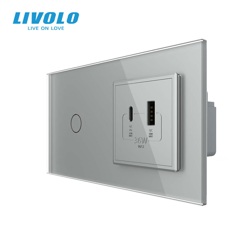 Розумний сенсорний (дотиковий) вимикач LIVOLO з розеткою USB-A + USB-C 36Вт сірий скляна рамка