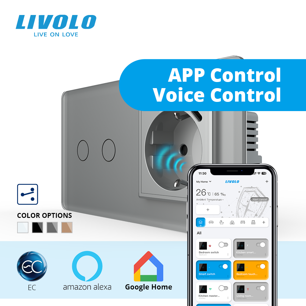 Розумний сенсорний подвійний прохідний вимикач LIVOLO з розеткою та USB Type-C 18Вт, сірий 2.5D, скло