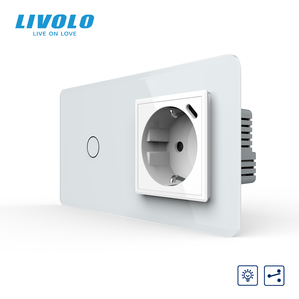 Прохідний сенсорний димер LIVOLO з розеткою та USB Type-C 18Вт, білий 2.5D, із заземленням і захисними шторками