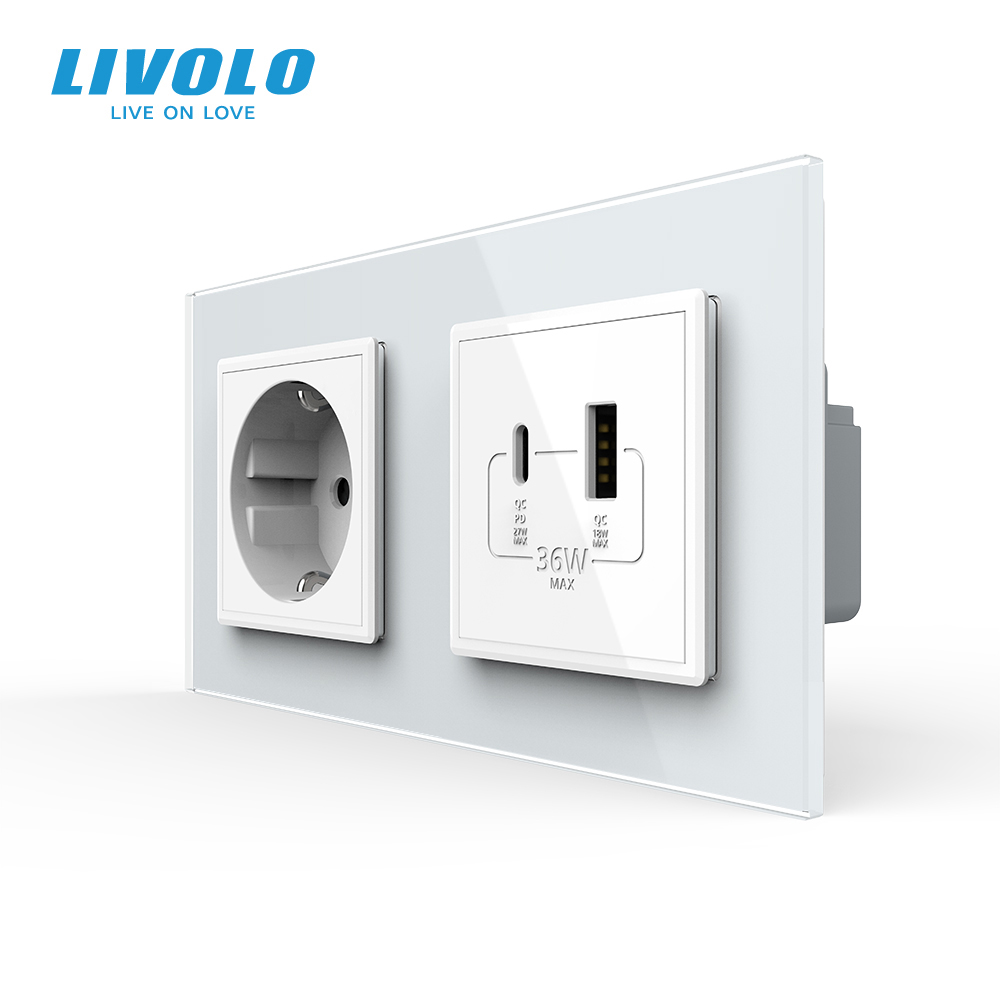 Розетка LIVOLO з USB-A та USB-C, Power Delivery 36W, біла, настінна дизайнерська, скляна рамка