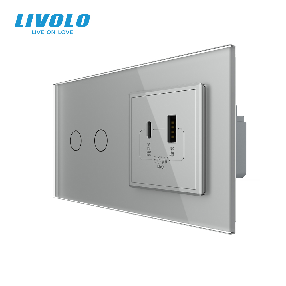 Розумний сенсорний (дотиковий) подвійний вимикач LIVOLO з розеткою USB-A + USB-C 36Вт сірий скляна рамка