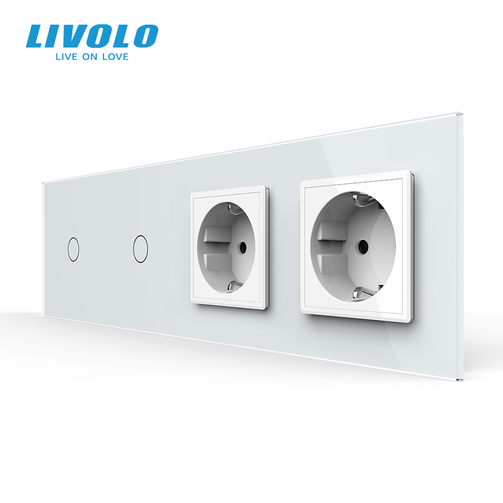 Сенсорний вимикач 2 сенсора (1-1) 2 розетки Livolo білий скло (VL-C701/C701/C7C2EU-11)
