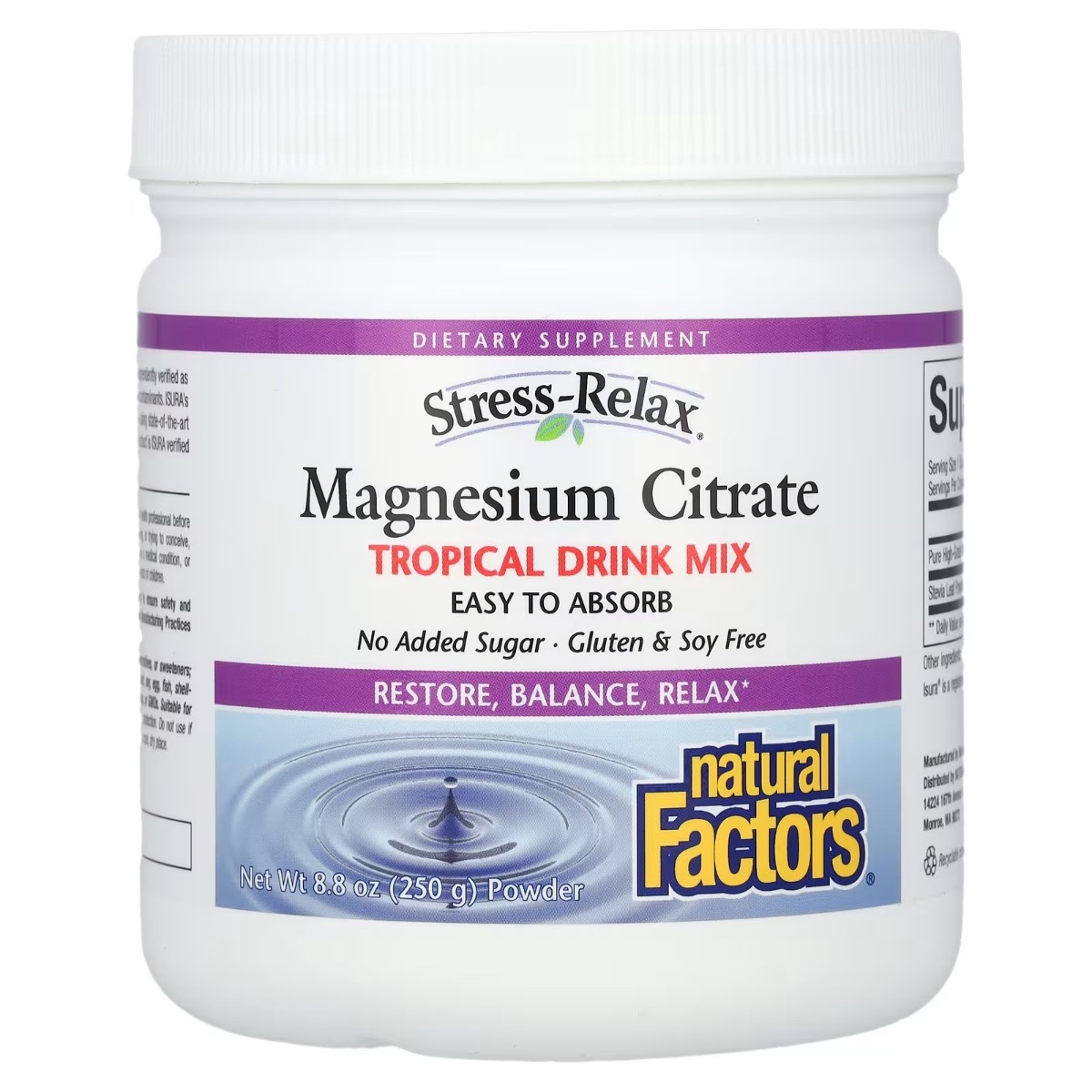 Магній цитрат у порошку, смак тропічних фруктів, Stress-Relax, Magnesium Citrate, Natural Factors, 250 гр