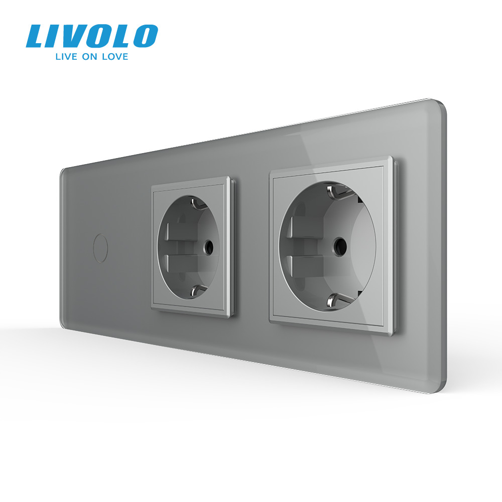 Сенсорний вимикач 1 сенсор 2 розетки LIVOLO сірий 2.5D скло