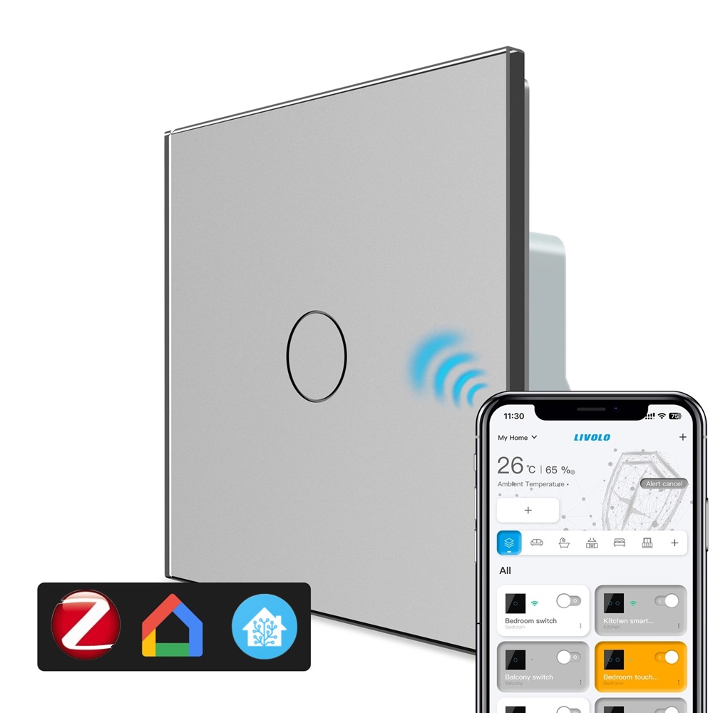 Розумний сенсорний прохідний/перехресний ZigBee вимикач 1 сенсор Livolo сірий скло (VL-C7FC1SZ-2IP)