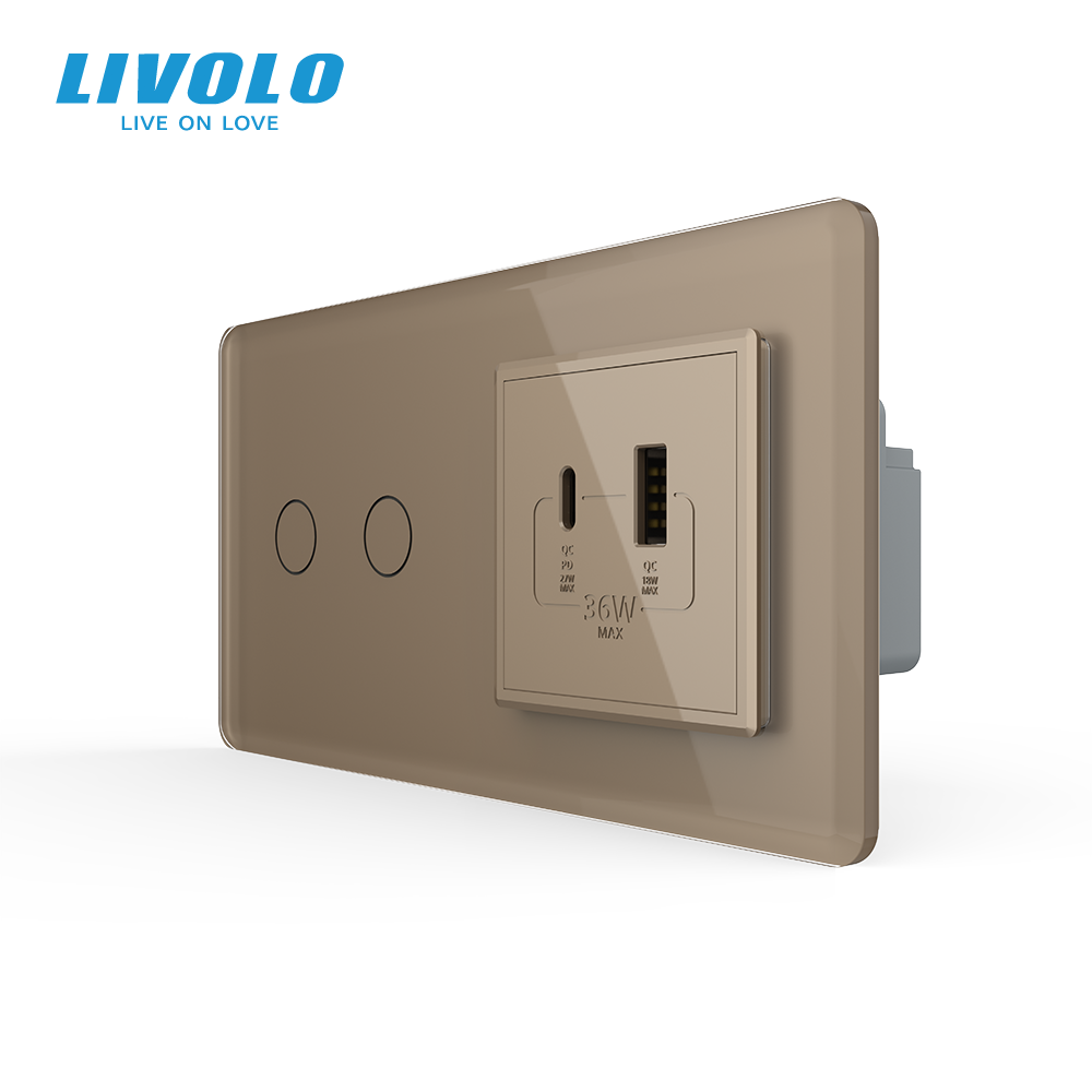 Сенсорний (дотиковий) подвійний вимикач LIVOLO з розеткою USB-A + USB-C 36Вт золотий 2.5D скло