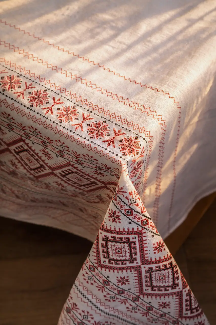 Скатертина Ecotton 150х180 см бавовняна в етно стилі з українською вишивкою біла