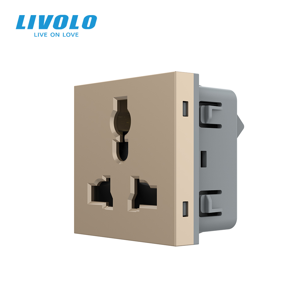 Універсальна розетка LIVOLO 12-в-1, з заземленням і шторками, золота, 16А 250В, модуль (VL-FCT22 16A-2AP)