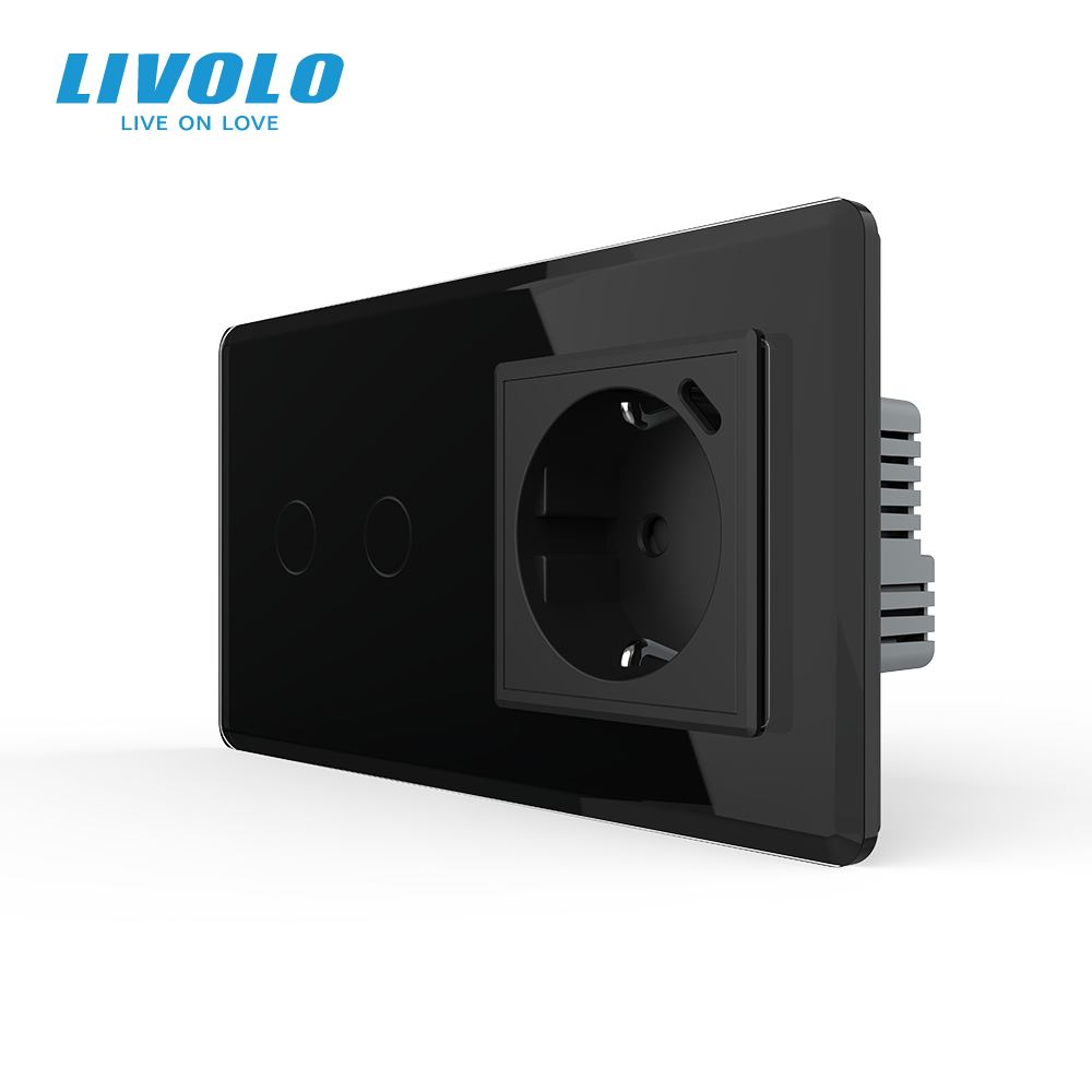 Сенсорний (дотиковий) подвійний вимикач LIVOLO з USB Type-C 18 Вт чорний 2.5D 16 А 230 В із заземленням шторки скло