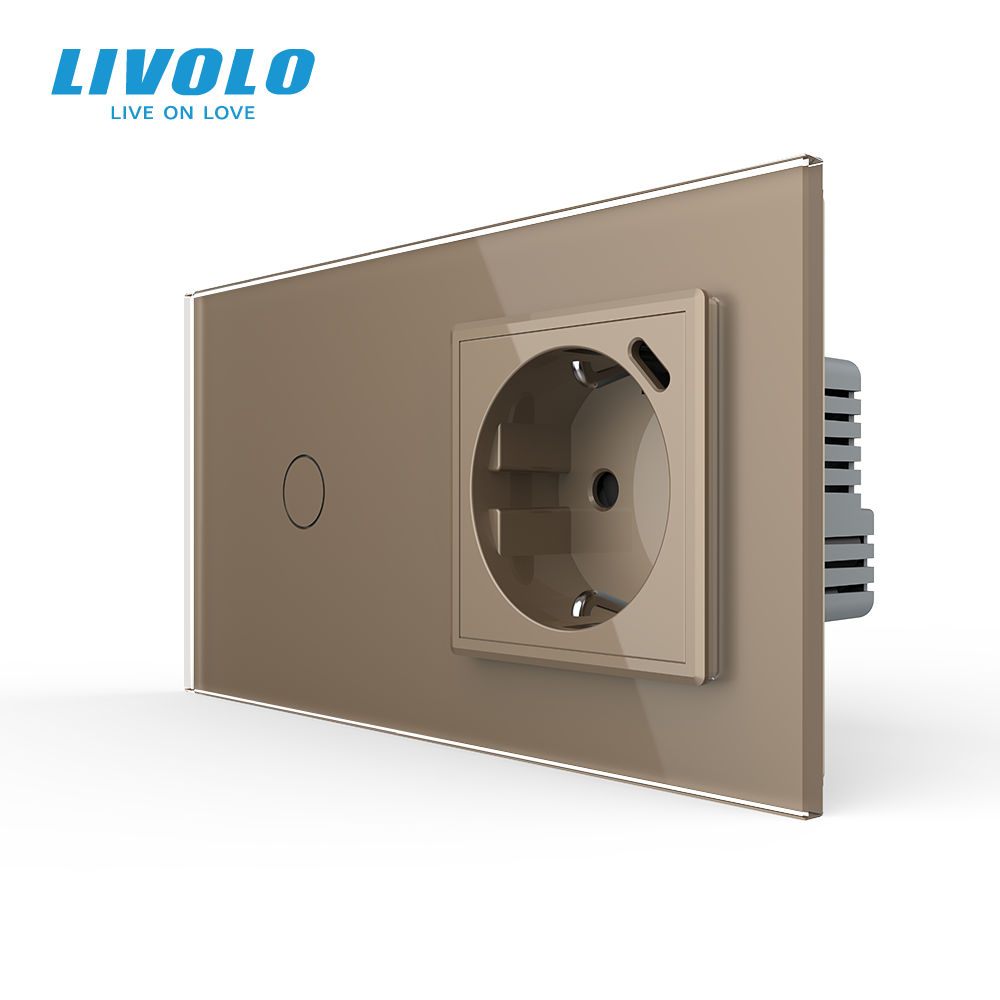 Розумний сенсорний прохідний вимикач LIVOLO з розеткою та USB Type-C 18Вт, золотий, скло, дотиковий,