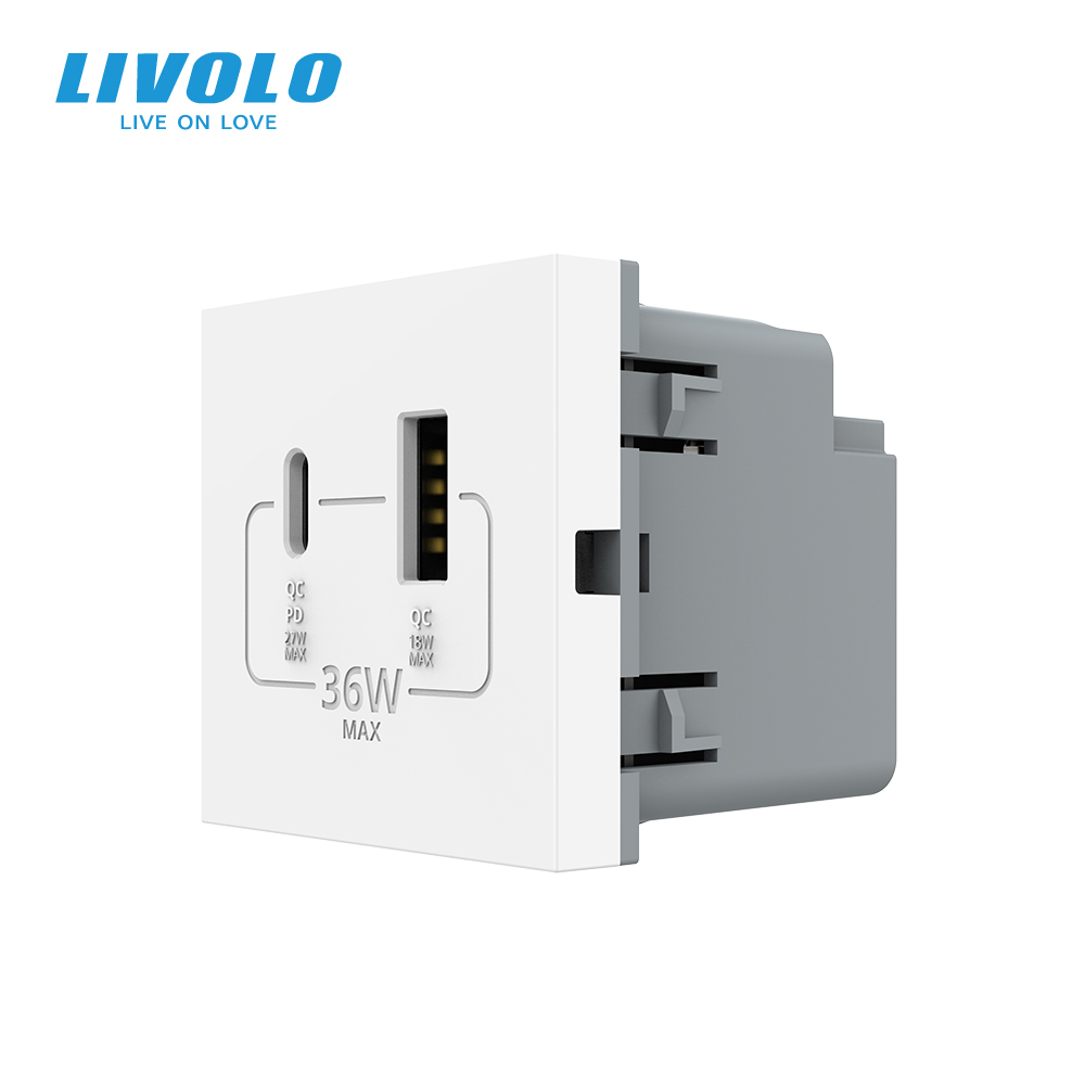 Розетка LIVOLO USB-A + USB-C PD 36Вт, біла, швидке заряджання, Power Delivery QC 3.0, модуль (VL-FCUA18W.UC18W-2WP)