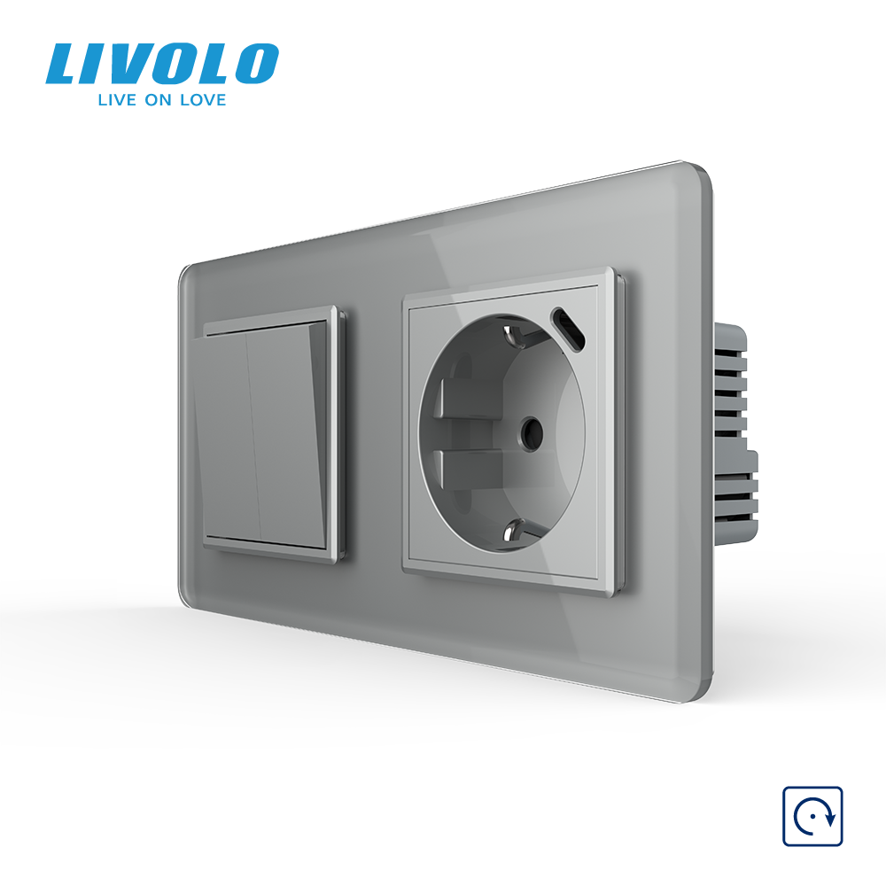 Подвійний вимикач без фіксації LIVOLO з розеткою та USB Type-C 18Вт, сірий 2.5D, скло, заземлення