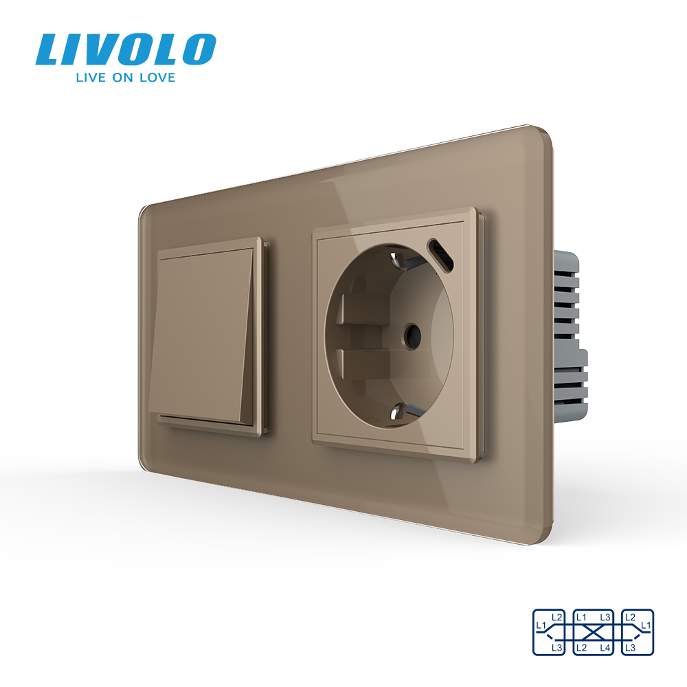 Перехресний вимикач LIVOLO з розеткою та USB Type-C 18Вт, золотий 2.5D, скло, із заземленням і захисними шторками