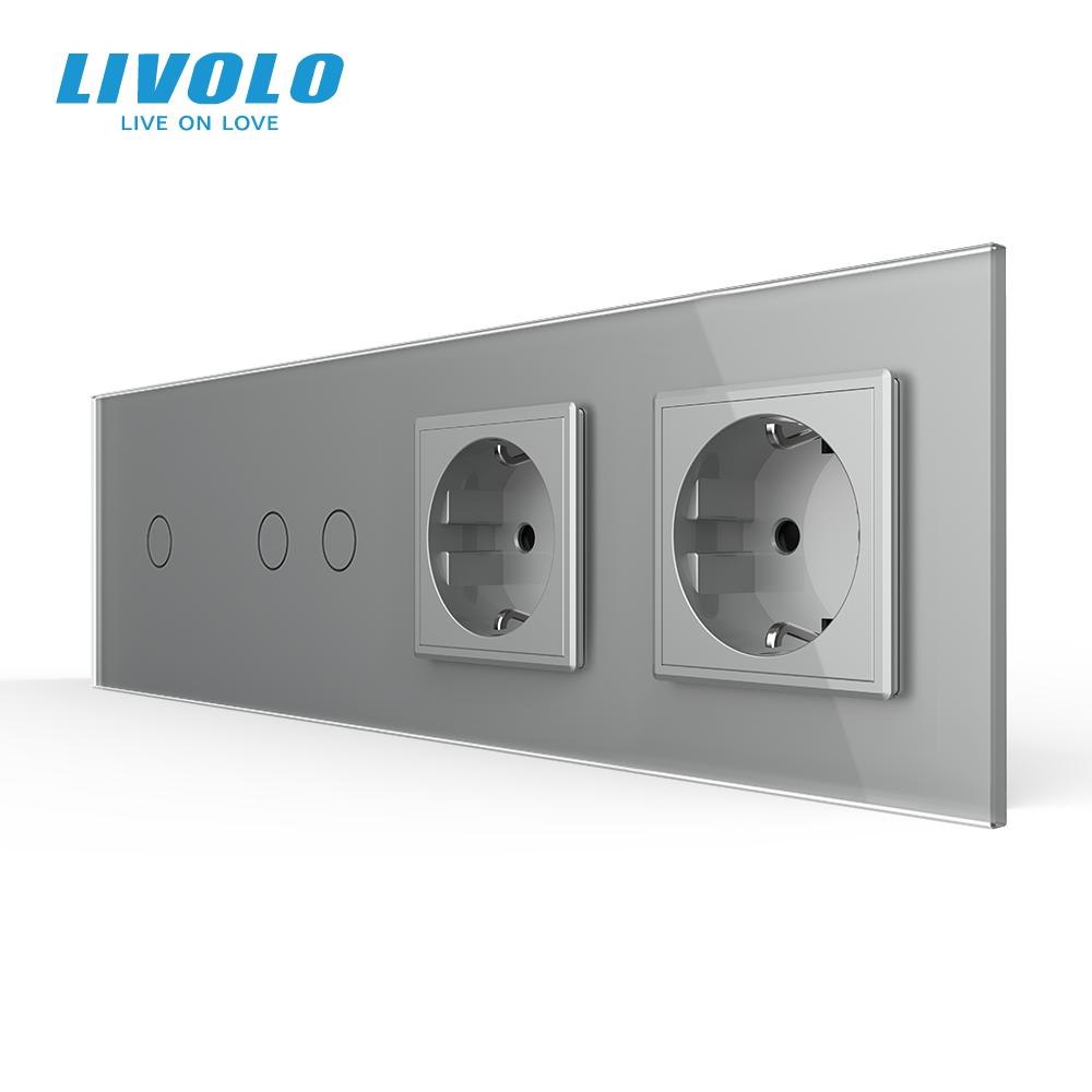 Сенсорний вимикач 3 сенсора (1-2) 2 розетки Livolo сірий скло (VL-C701/C702/C7C2EU-15)