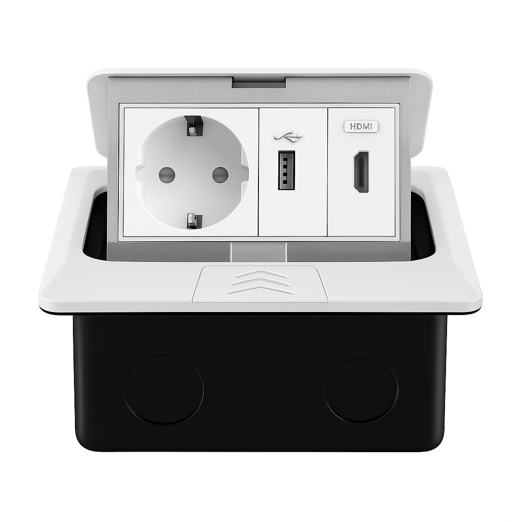 Розетка підлогова подвійна LIVOLO біла, вбудована у підлогу, з USB 10Вт, HDMI, для кухні, офісу чи конференц-залу, з кришкою, висувна, з заземленням, IP44, плавне відкриття, алюміній, розмір 145×145×65 мм (VL-SHS016-TC-HD-UA-W)