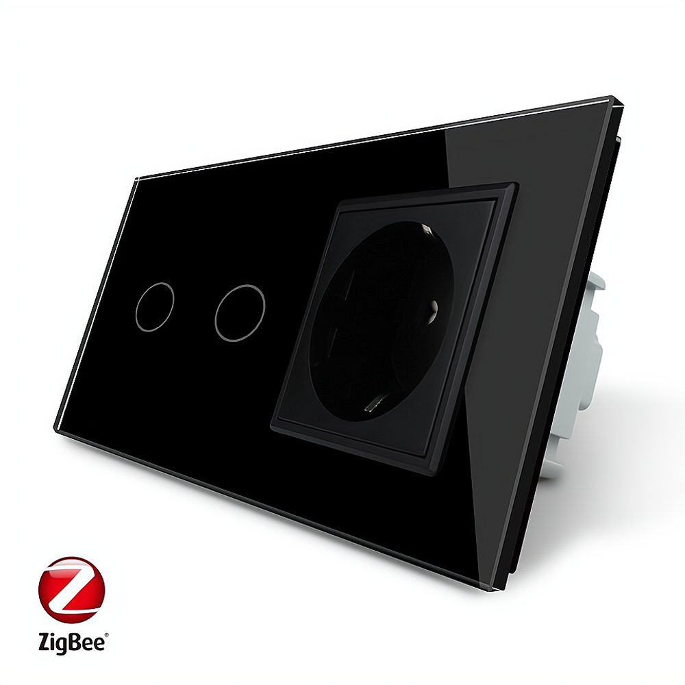 Розумний сенсорний ZigBee вимикач 2 сенсора 1 розетка Livolo чорний скло (VL-C702Z/C7C1EU-12)