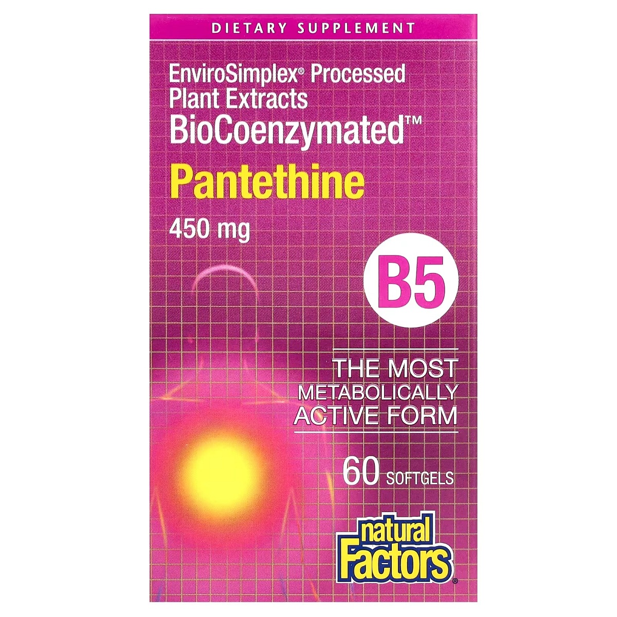 Пантетин, вітамін B5, 450 мг, BioCoenzymated, B5, Pantethine, Natural Factors, 60 гелевих капсул