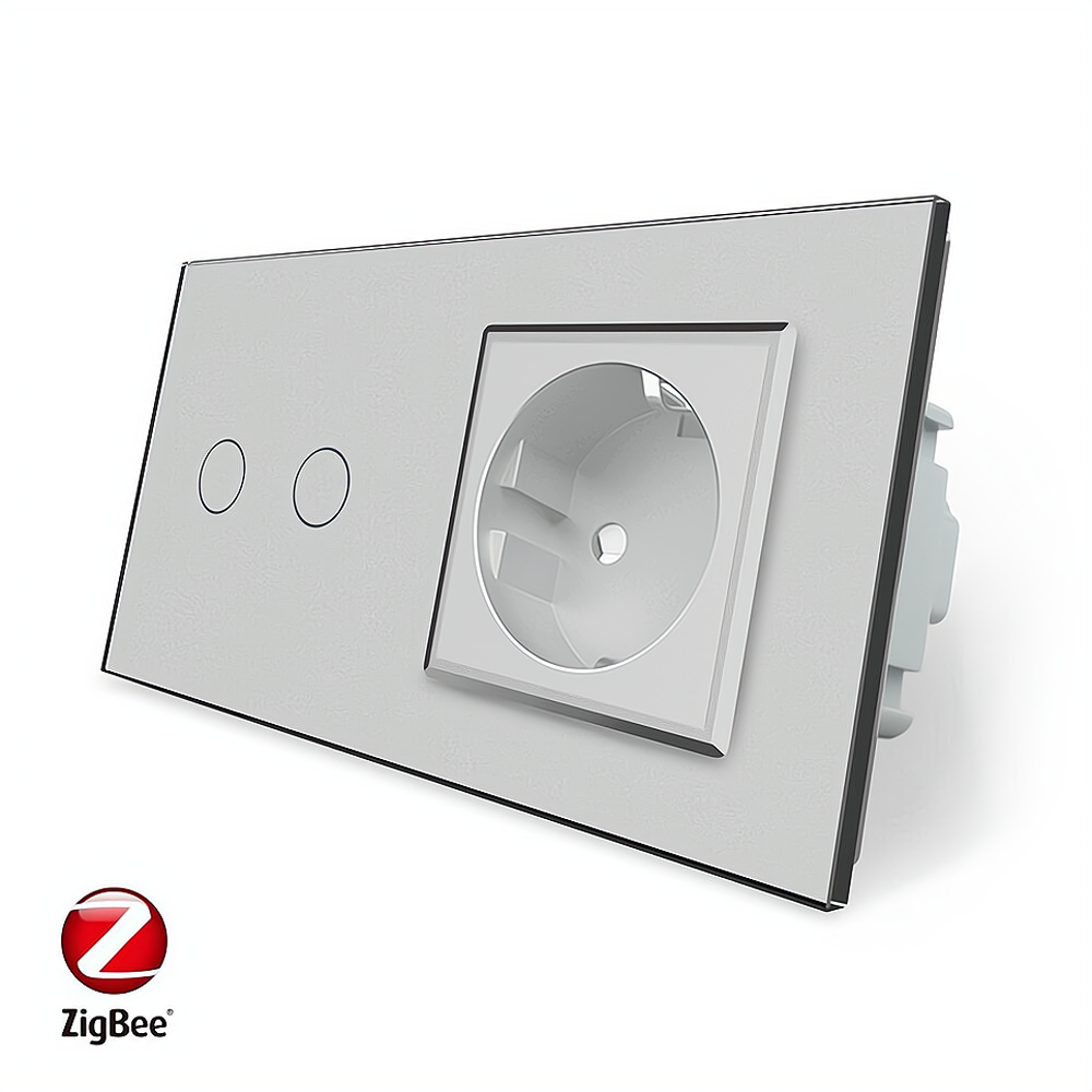 Розумний сенсорний ZigBee вимикач 2 сенсора 1 розетка Livolo сірий скло (VL-C702Z/C7C1EU-15)