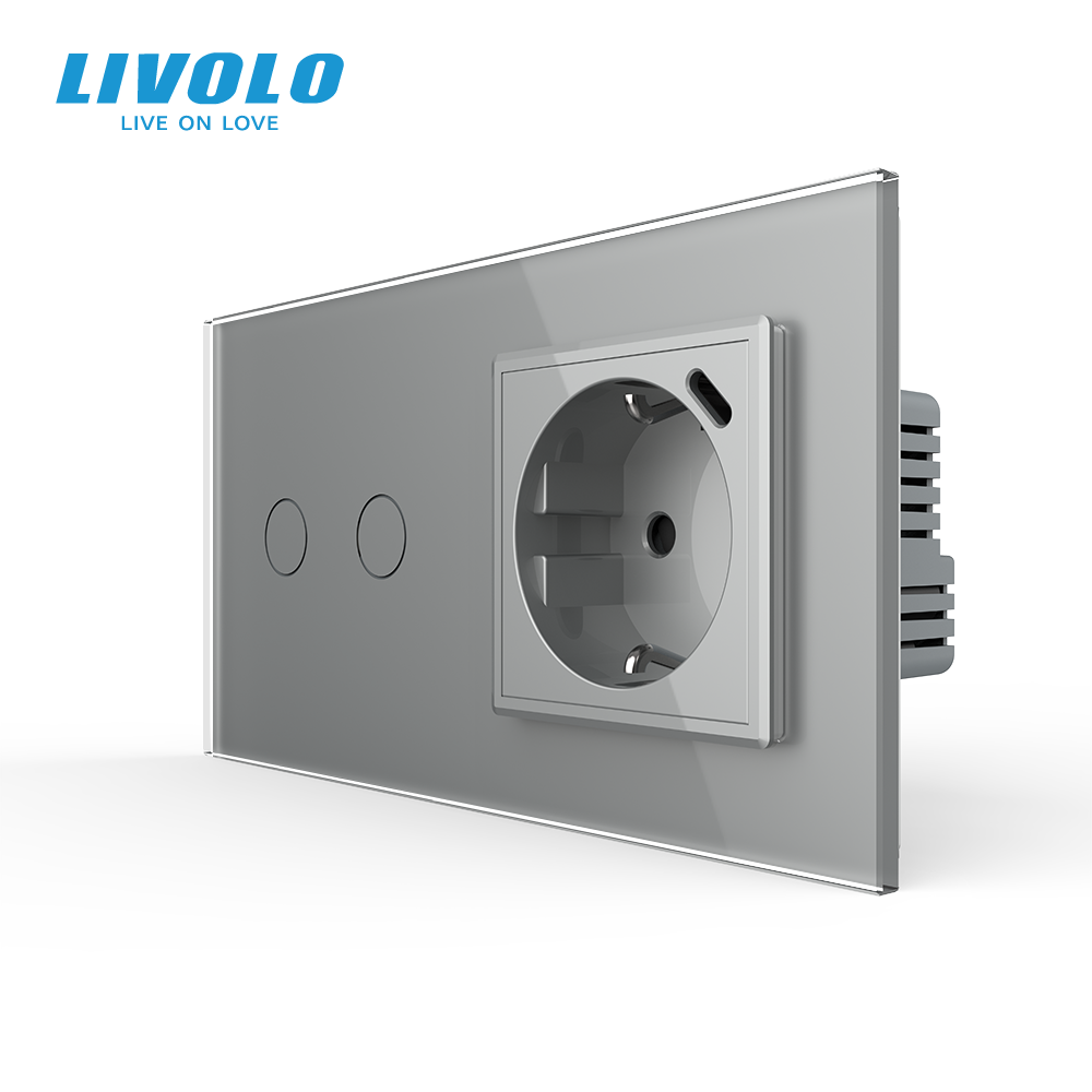 Розумний сенсорний подвійний прохідний вимикач LIVOLO з розеткою та USB Type-C 18Вт, сіра, скло, дотиковий,
