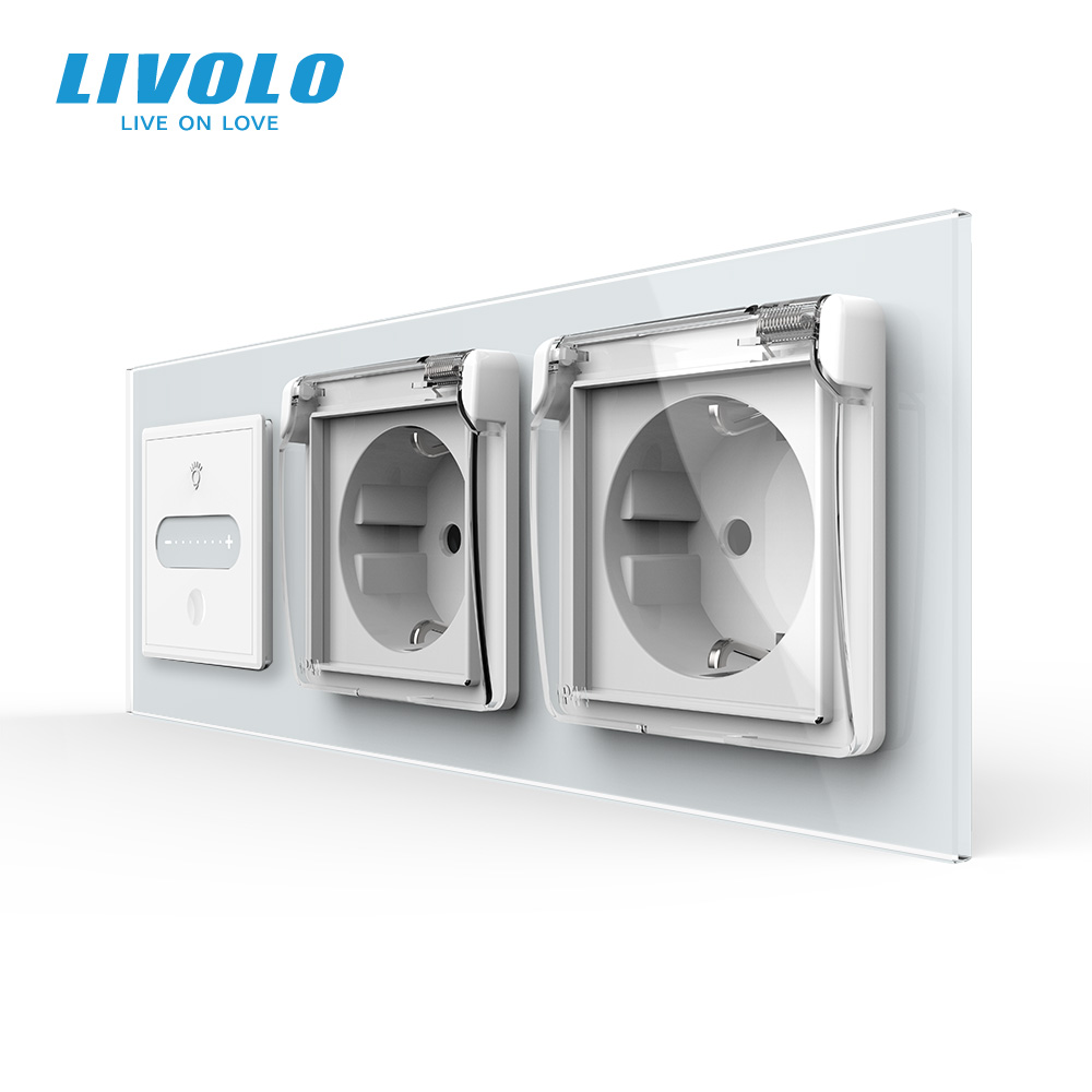 Розумний сенсорний димер LIVOLO з двома розетками IP44, білий 2.5D, скло, 16A 230V, із заземленням, шторки