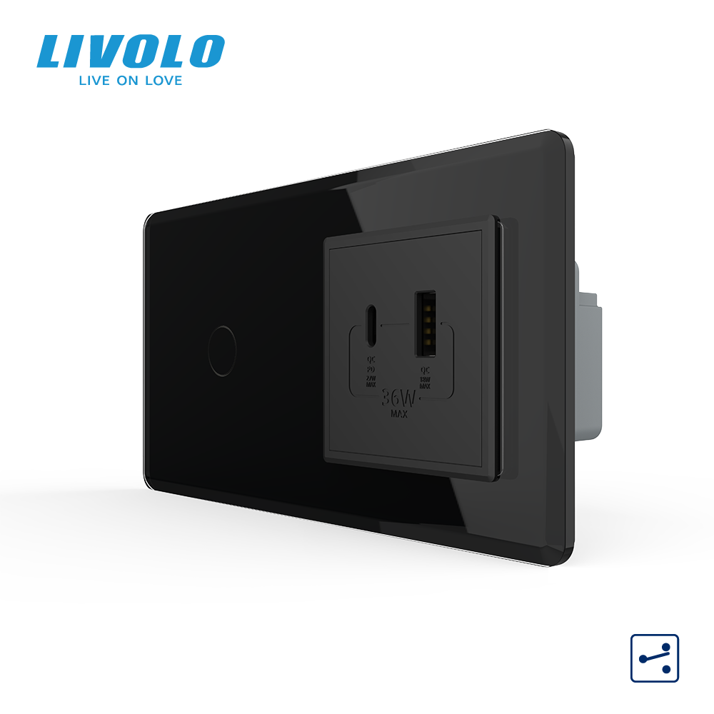 Сенсорний (дотиковий) прохідний вимикач LIVOLO з розеткою USB-A + USB-C 36Вт чорний 2.5D скляна рамка