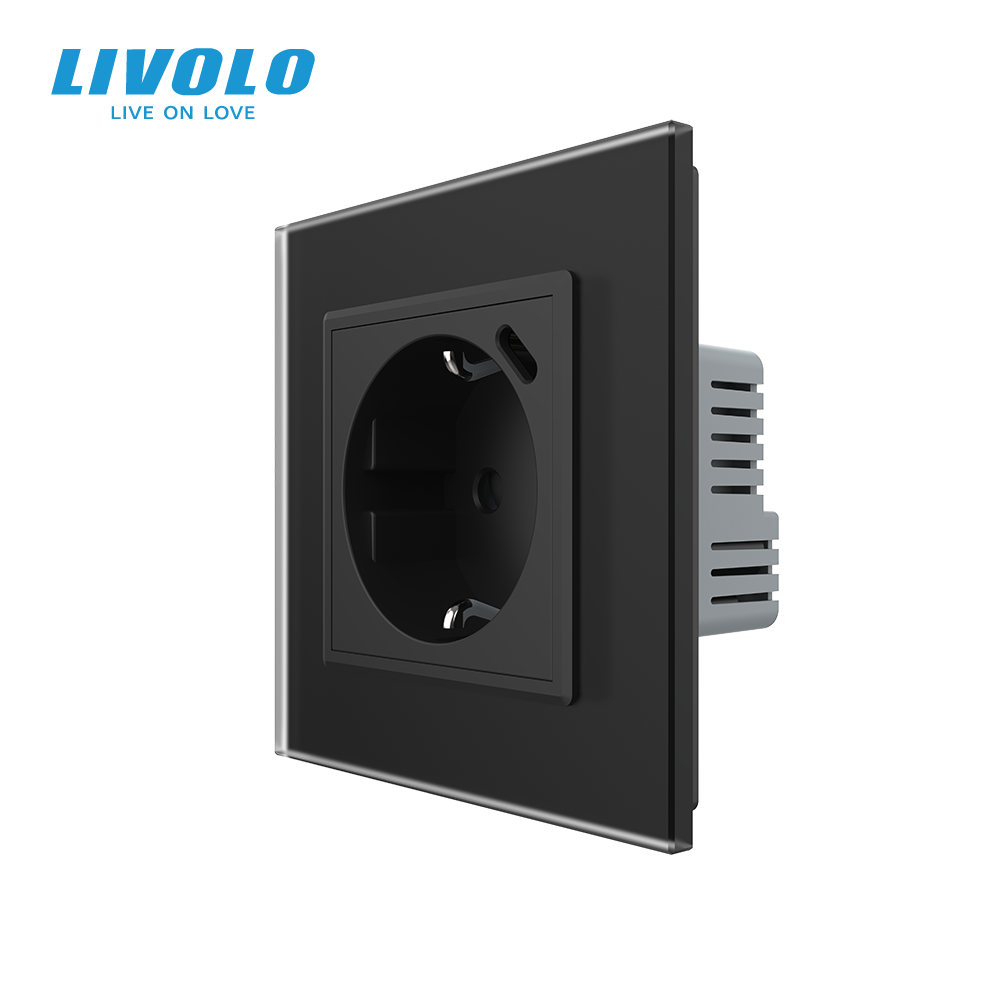 Електрична розетка з USB Type-C 18Вт для зарядки, з заземленням, LIVOLO, чорна, скляна матова рамка, 250В 16А