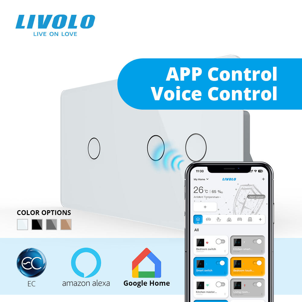 Розумний сенсорний (дотиковий) вимикач LIVOLO 3 клавіші (1-2) білий 2.5D скло Wi-Fi