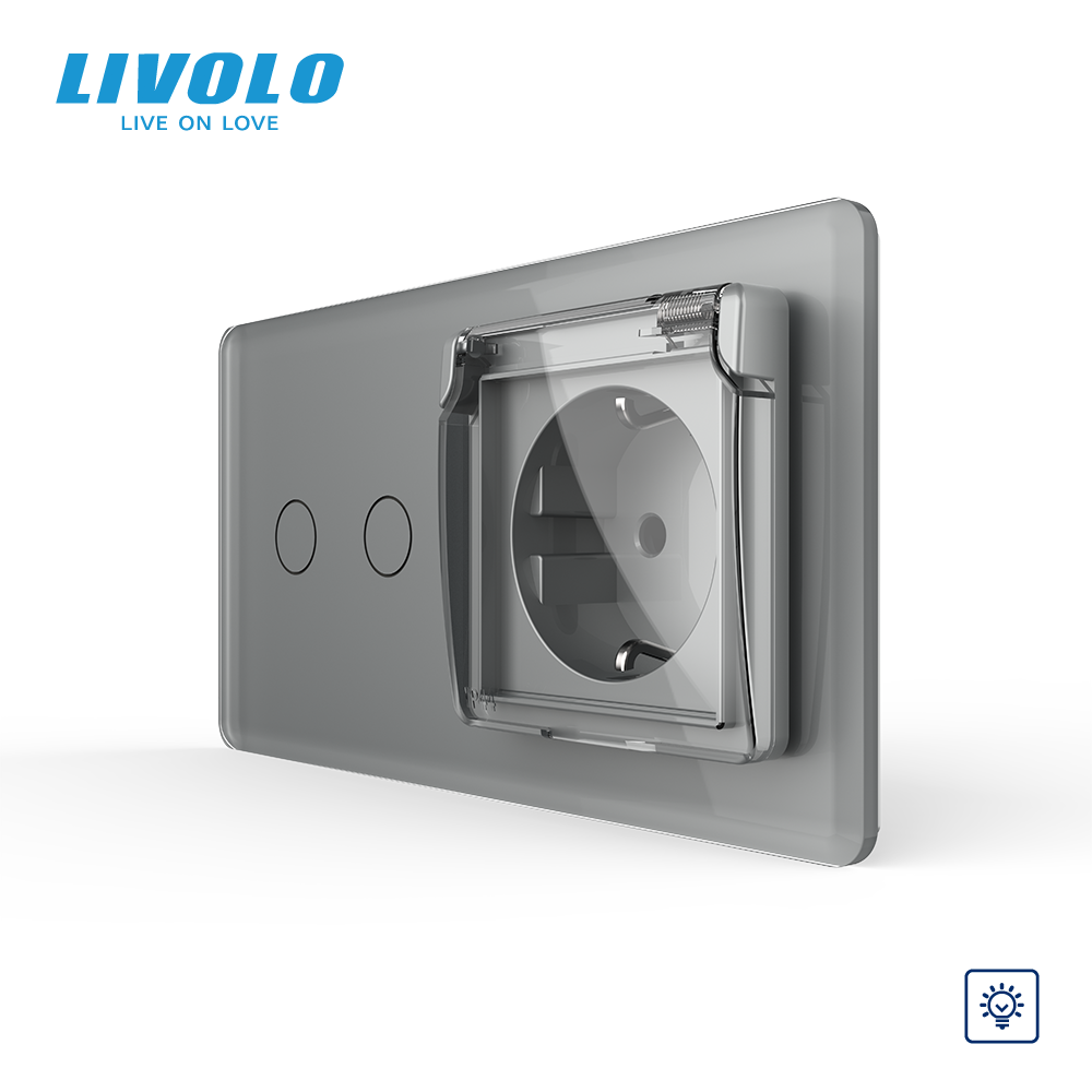Сенсорний димер LIVOLO 2 сенсори з розеткою IP44 сірий 2.5D, 16A 230V із заземленням, шторки