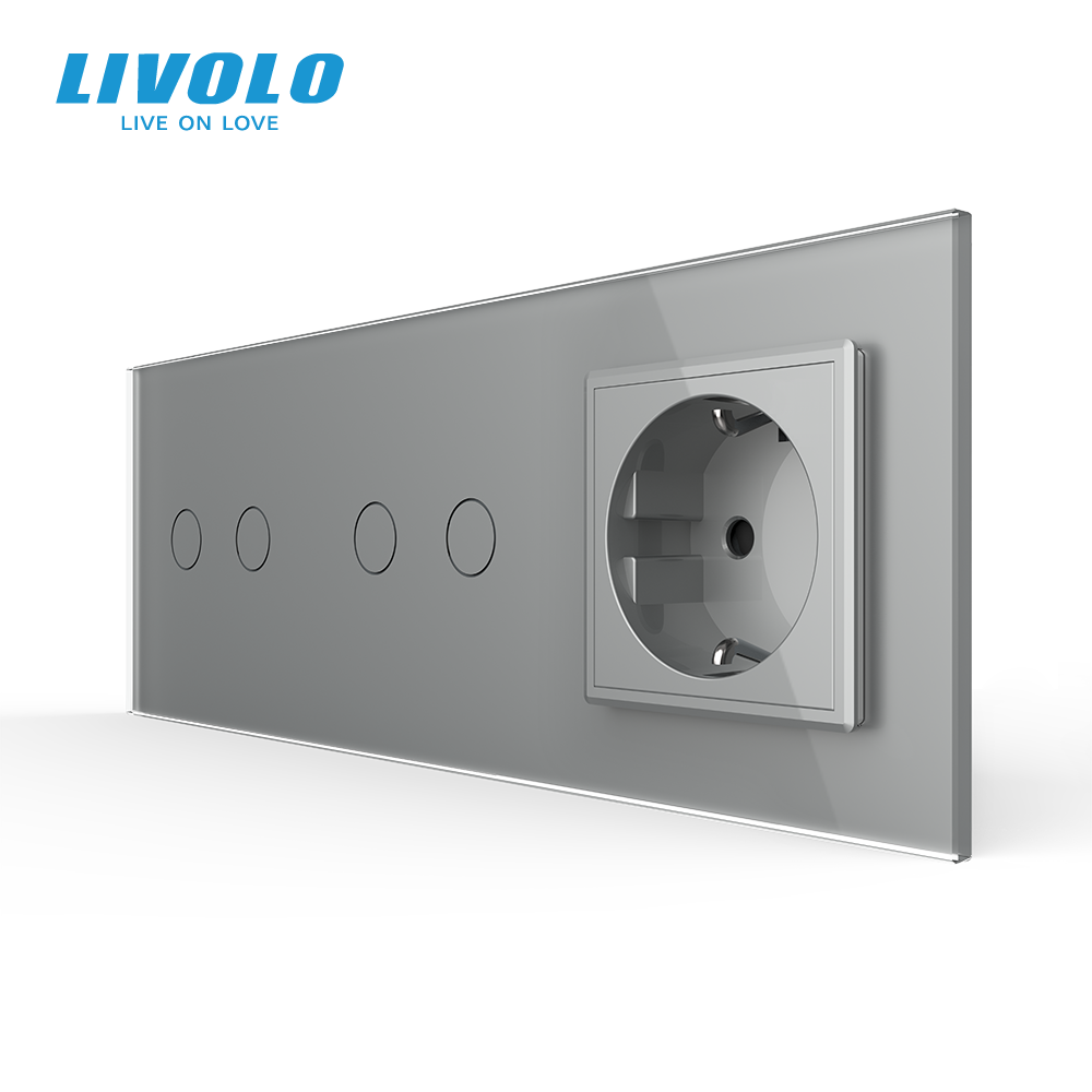 Сенсорний димер LIVOLO 4 сенсори (2-2) з розеткою, сірий, скло, 16A 230V, із заземленням, захисні шторки