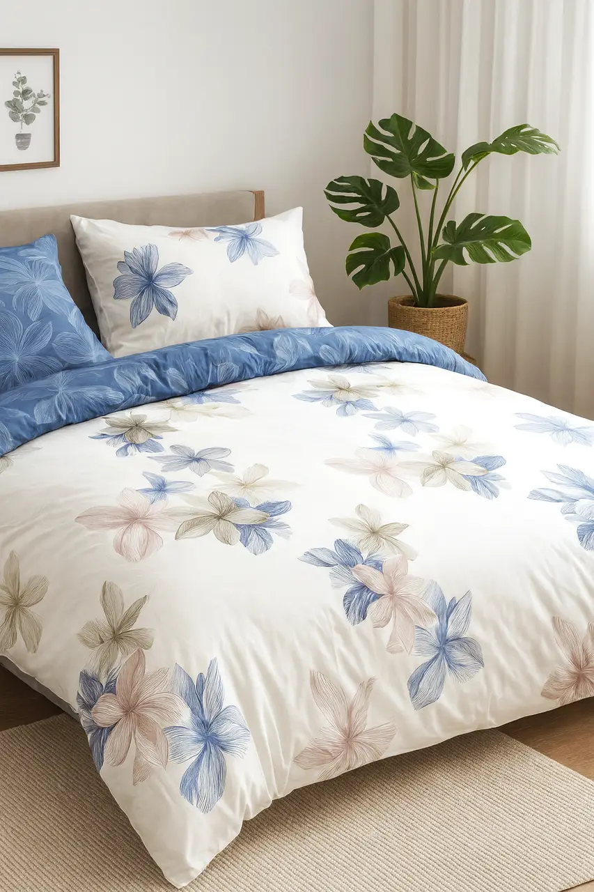 Комплект постільної білизни Ecotton полуторний 150х215 см Квіти двосторонній білий \ синій (21003АВ)