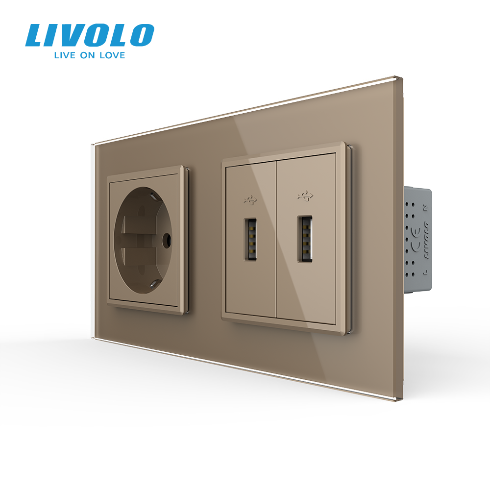 Розетка LIVOLO з заземленням і двома USB розетками, золота, настінна дизайнерська, скляна рамка