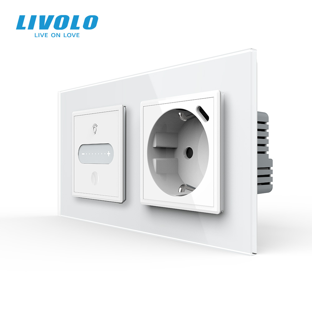 Розумний сенсорний димер з розеткою USB Type-C 18Вт LIVOLO 16А 230В, із заземленням, шторки, білий 2.5D, скло