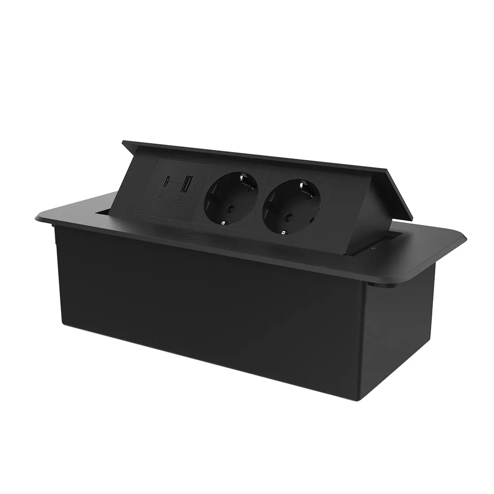 Меблева розетка потрійна LIVOLO чорна, вбудована у стільницю, з USB-A і USB Type-C 36 Вт, висувна, з заземленням, плавне відкриття, алюміній (VL-SHS013-FCTC-FCUA.UCBP-B)