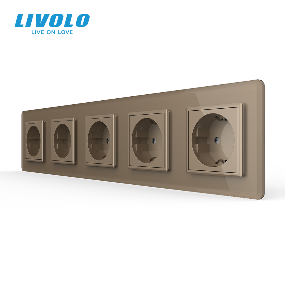 П’ятимісна електрична розетка з заземленням LIVOLO, золота, скляна 2.5D рамка, шторки, 250В 16А