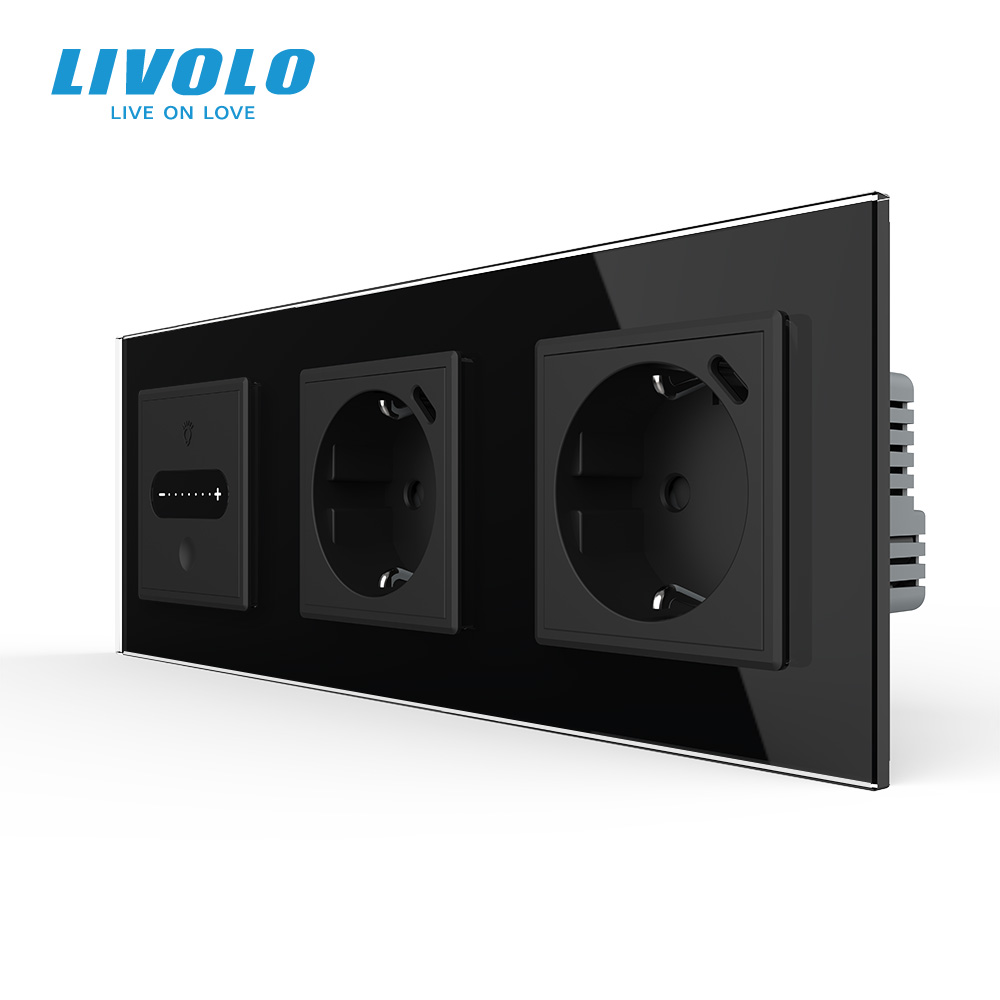 Розумний сенсорний димер LIVOLO з двома розетками з USB Type-C 18Вт, чорний 2.5D, скло, 16A 230V, заземлення