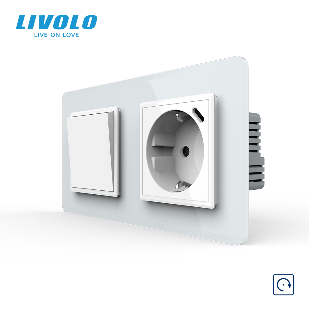 Вимикач без фіксації LIVOLO з розеткою та USB Type-C 18Вт, білий 2.5D, скло, із заземленням і захисними шторками