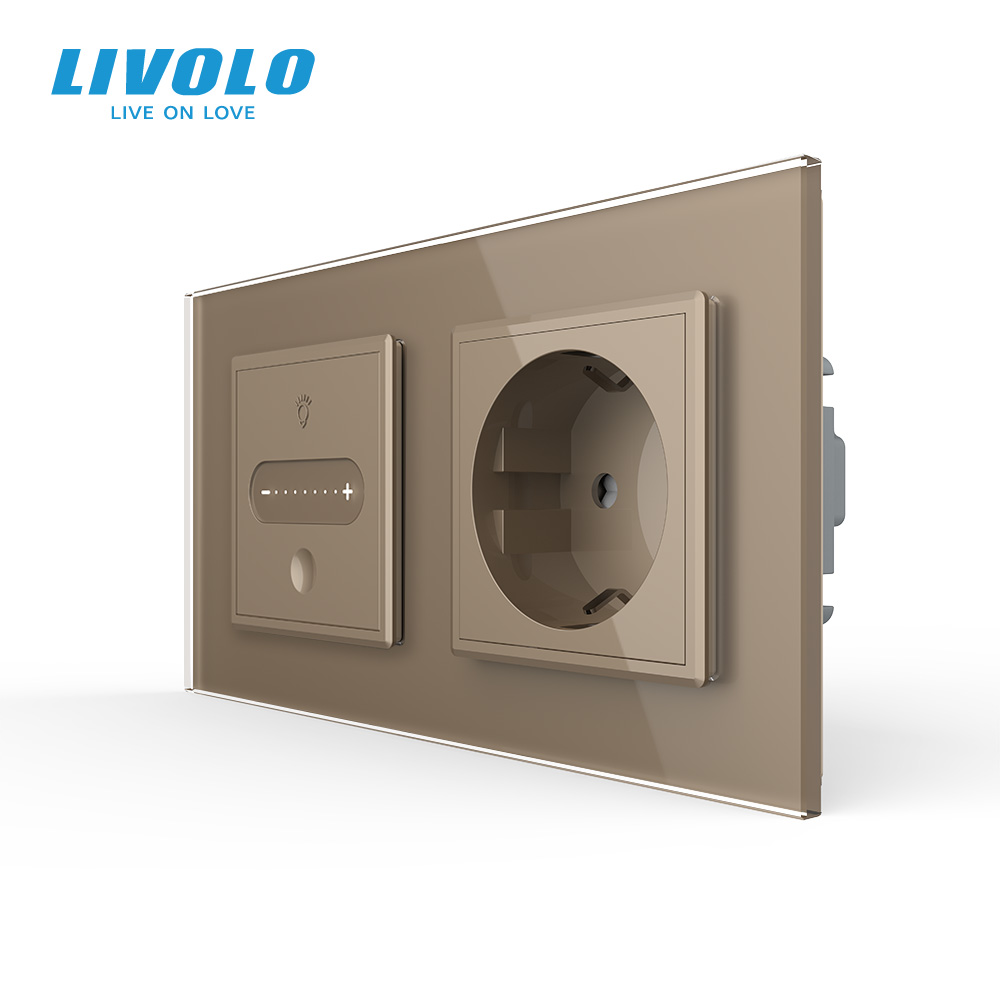 Розумний сенсорний димер з розеткою LIVOLO 16А 230В із заземленням, шторки, золотий 2.5D, скло