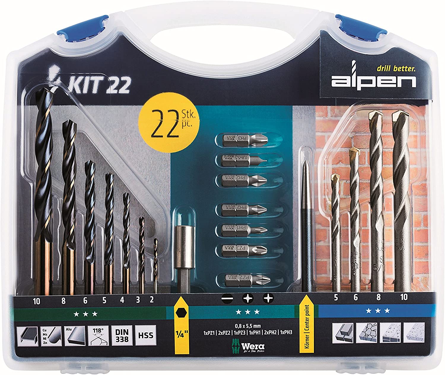 Набір свердел і біт Set KIT 22 шт, Ø2-10 мм, Alpen 0000800222100
