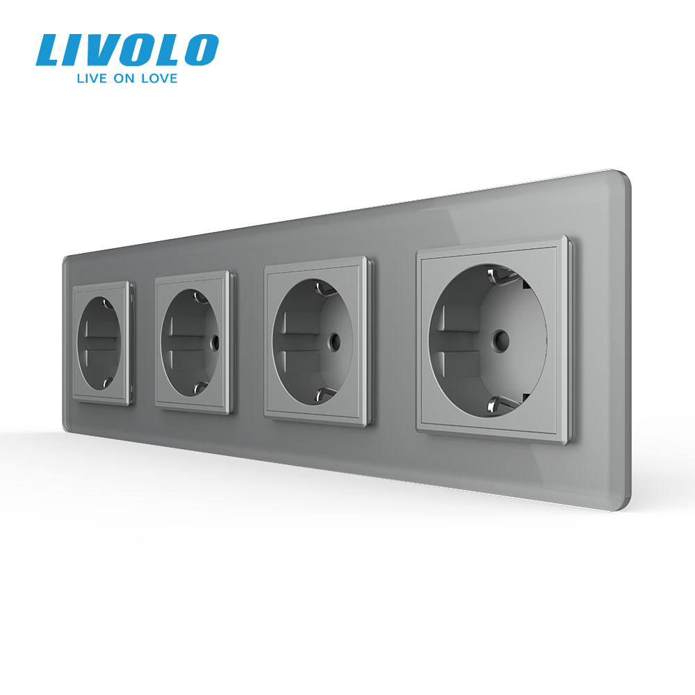 Чотиримісна електрична розетка з заземленням LIVOLO, сіра, скляна 2.5D рамка, шторки, 250В 16А