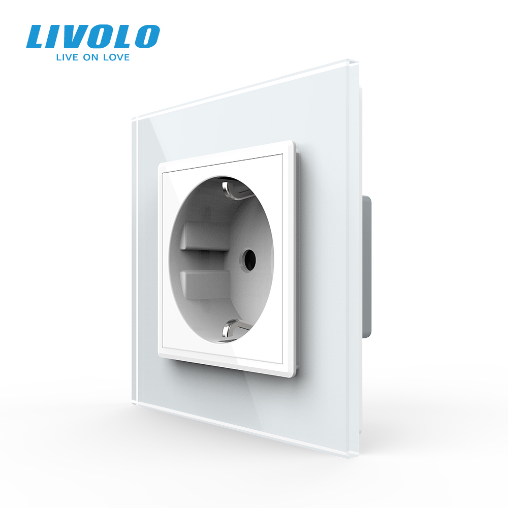 Електрична розетка з заземленням LIVOLO, біла, скляна рамка, шторки, 250В 16А (VL-C7C1EU-11)