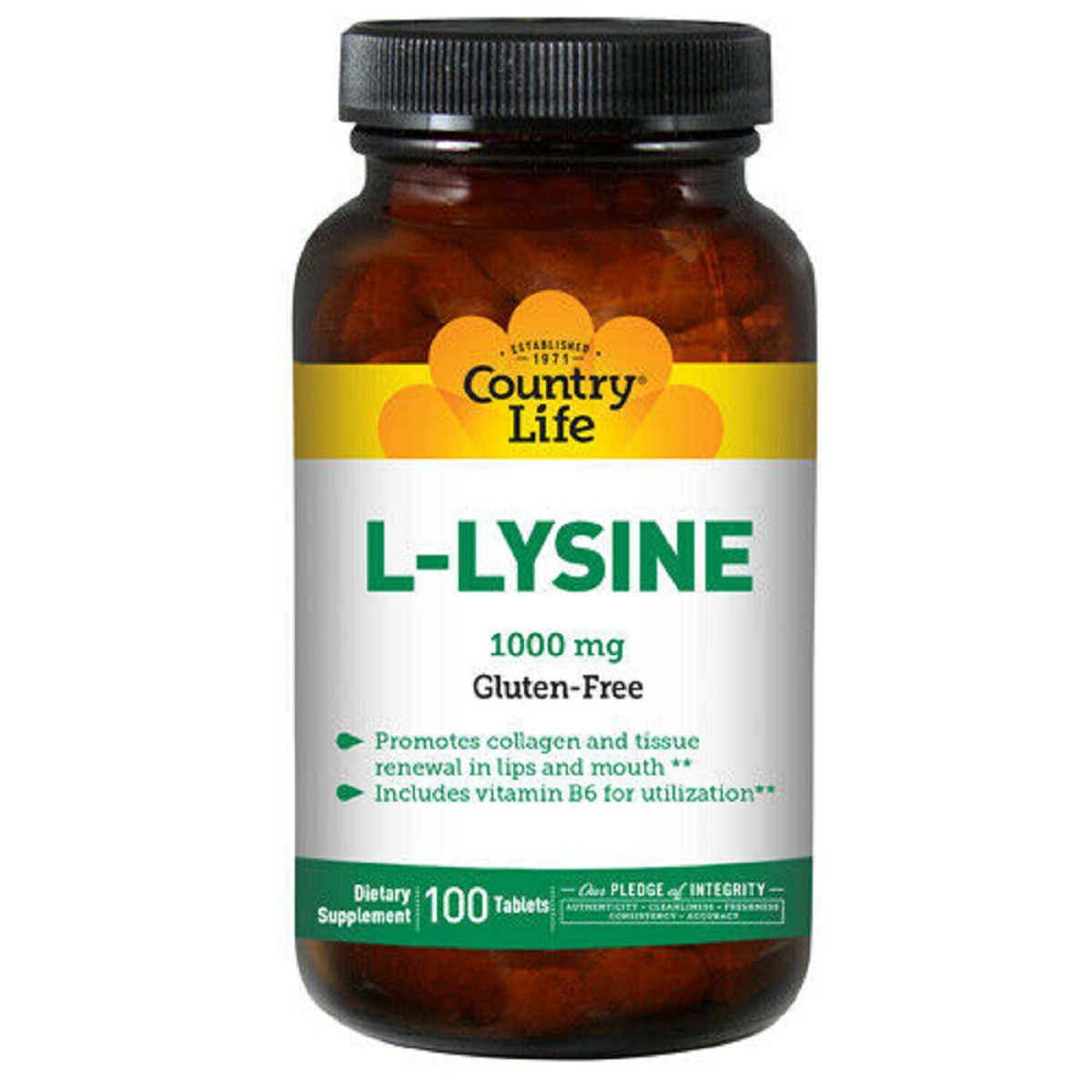 L-Лізин 1000мг, L-Lysine, Country Life, 100 таблеток