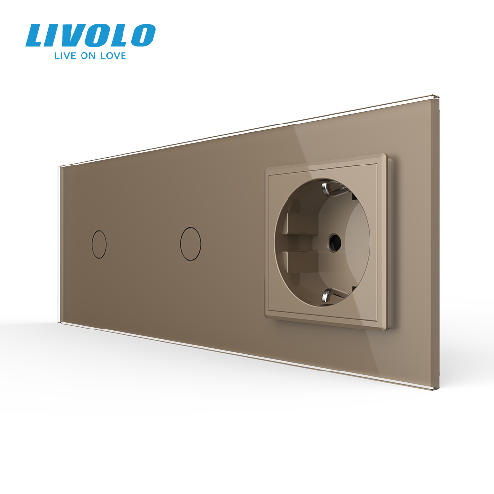 Сенсорний прохідний димер LIVOLO 2 сенсори (1-1) з розеткою, золото скло, 16A 230V, заземлення, захисні шторки