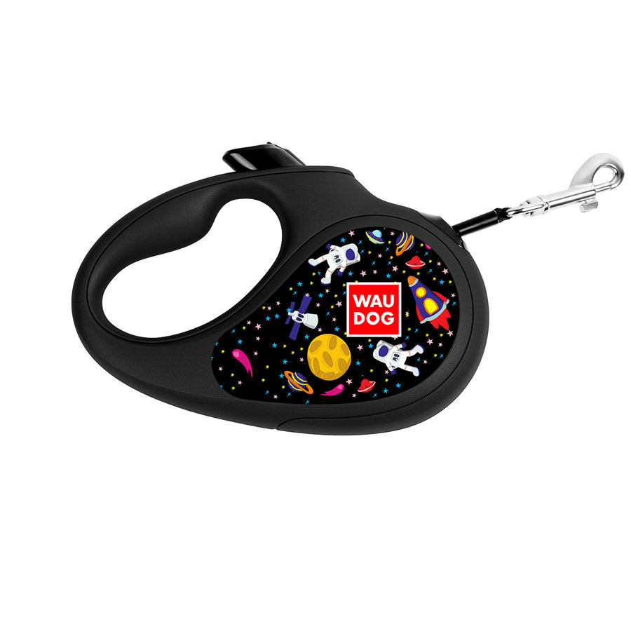 Повідець-рулетка для собак WAUDOG R-leash, малюнок "NASA", L, до 50 кг, 5 м, світловідбиваюча стрічка чорний