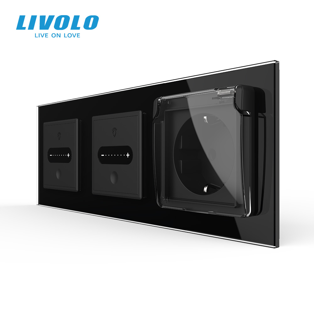Розумний сенсорний димер LIVOLO 2 сенсори (1-1) з розеткою IP44, кришка, чорний скло, 16A 230V, заземлення